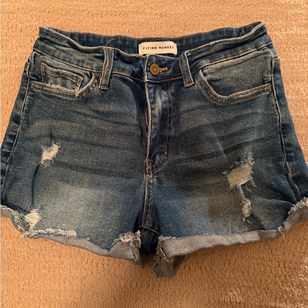 Flying Monkey Distressed High Waisted Blue Jean Shorts